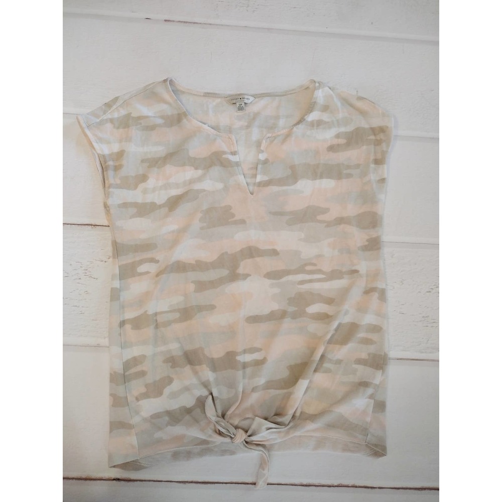 Lucky brand pink & gray camo flutter sleeve knotted hem blouse